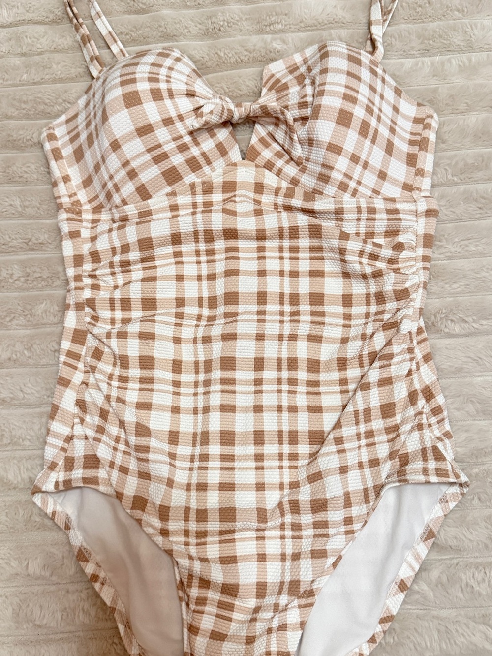 Kona Sol Cream and Brown Plaid One-Piece Swimsuit